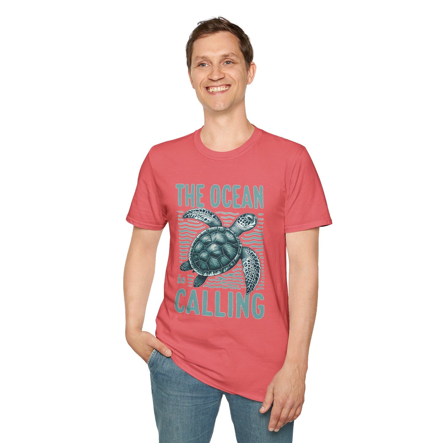 Ocean Calling Unisex Softstyle T-Shirt, Sea Turtle Tee, Beach Lover Shirt, Gift for Ocean Enthusiasts, Summer Clothing - To Be Designs