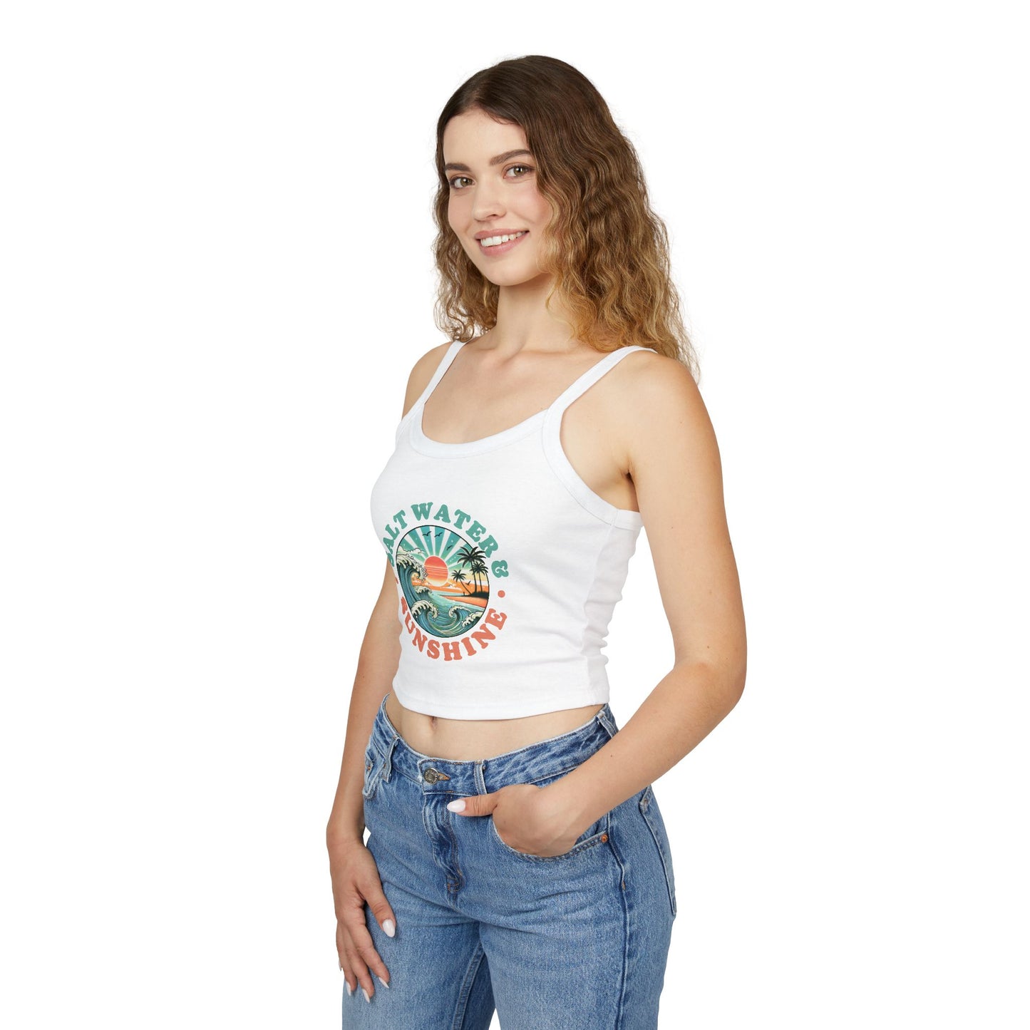 Women's Spaghetti Strap Tank Top - Salt Water & Sunshine Graphic, Summer Beachwear, Vacation Outfit, Casual Wear, Gift for Her - To Be Designs