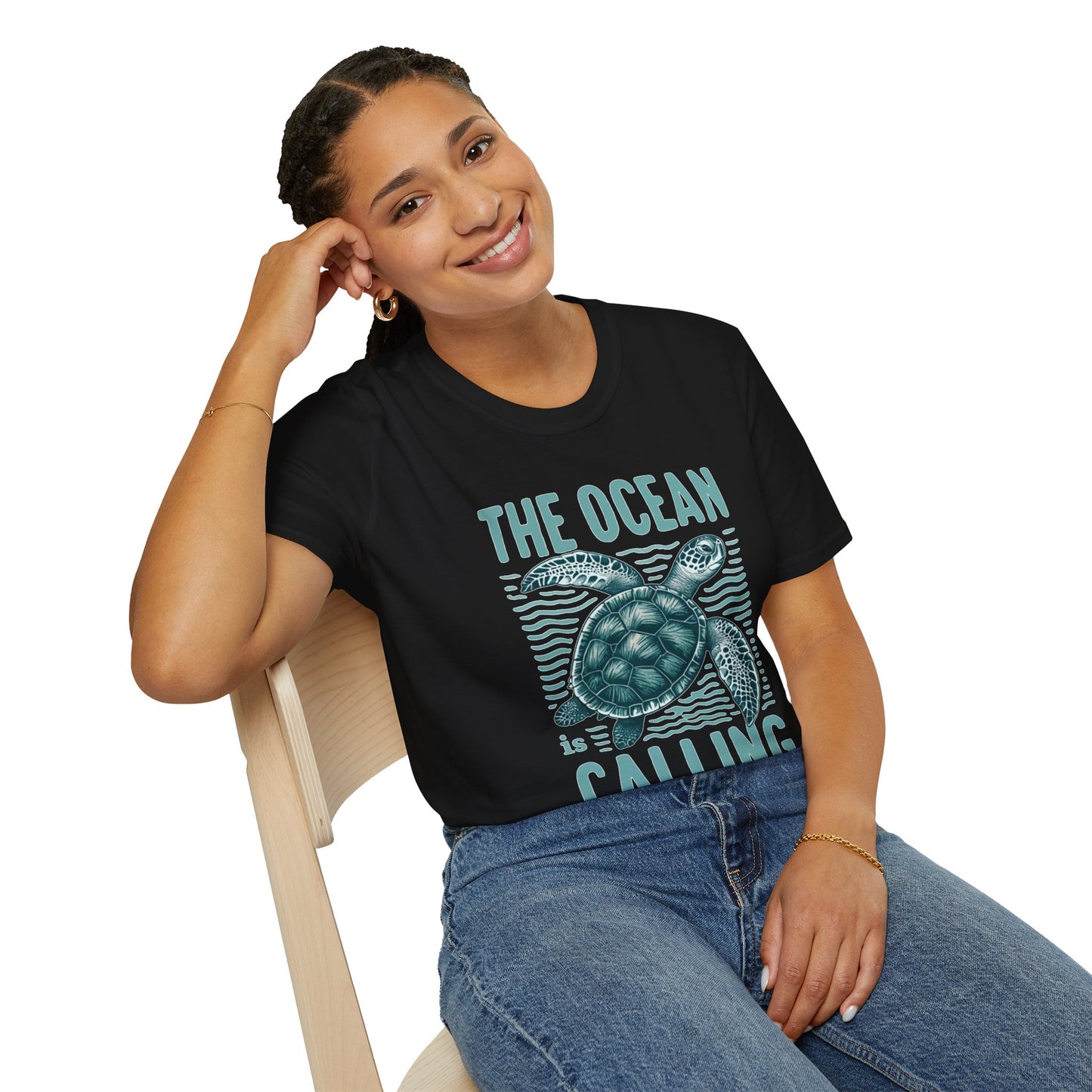 Ocean Calling Unisex Softstyle T-Shirt, Sea Turtle Tee, Beach Lover Shirt, Gift for Ocean Enthusiasts, Summer Clothing - To Be Designs