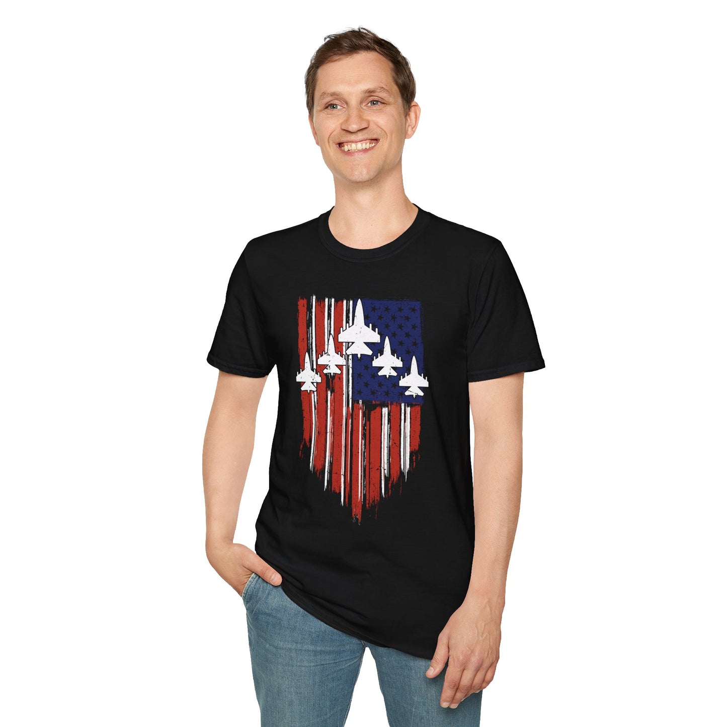 Unisex T-Shirt Jet Flag USA Military Patriotic Shield 4th of July