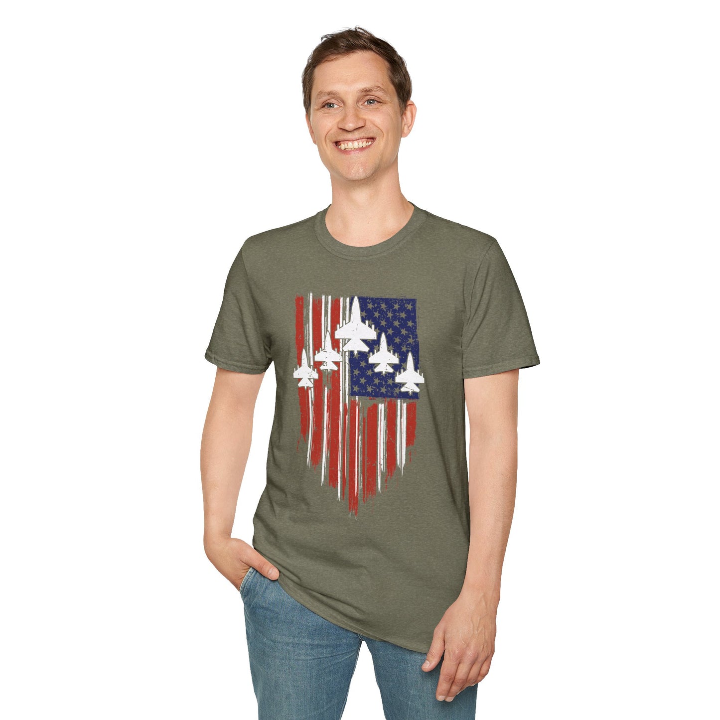 Unisex T-Shirt Jet Flag USA Military Patriotic Shield 4th of July