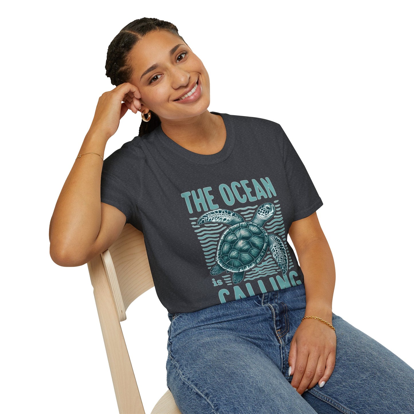 Ocean Calling Unisex Softstyle T-Shirt, Sea Turtle Tee, Beach Lover Shirt, Gift for Ocean Enthusiasts, Summer Clothing - To Be Designs