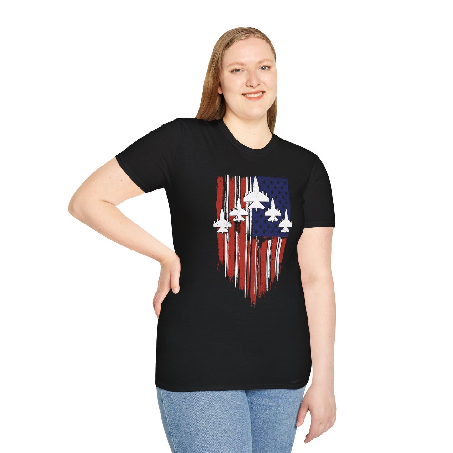 Unisex T-Shirt Jet Flag USA Military Patriotic Shield 4th of July