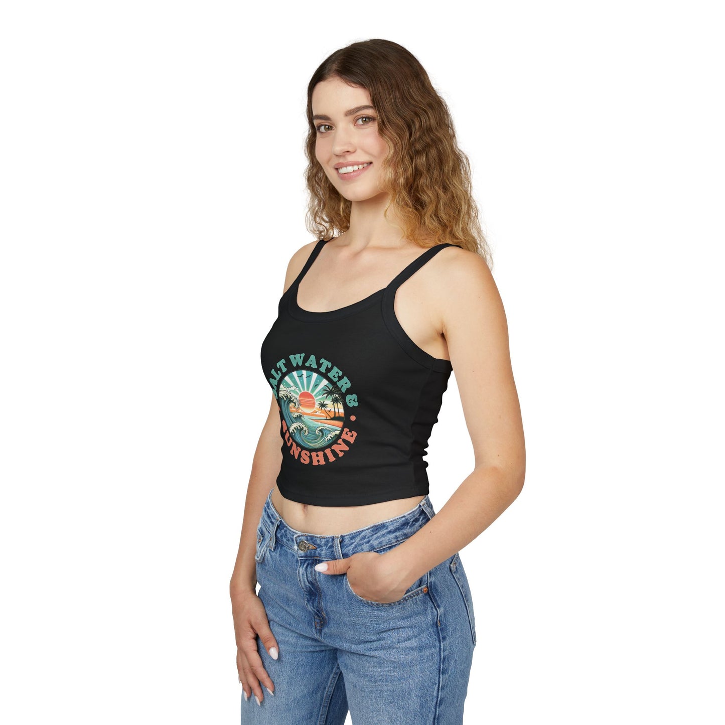 Women's Spaghetti Strap Tank Top - Salt Water & Sunshine Graphic, Summer Beachwear, Vacation Outfit, Casual Wear, Gift for Her - To Be Designs