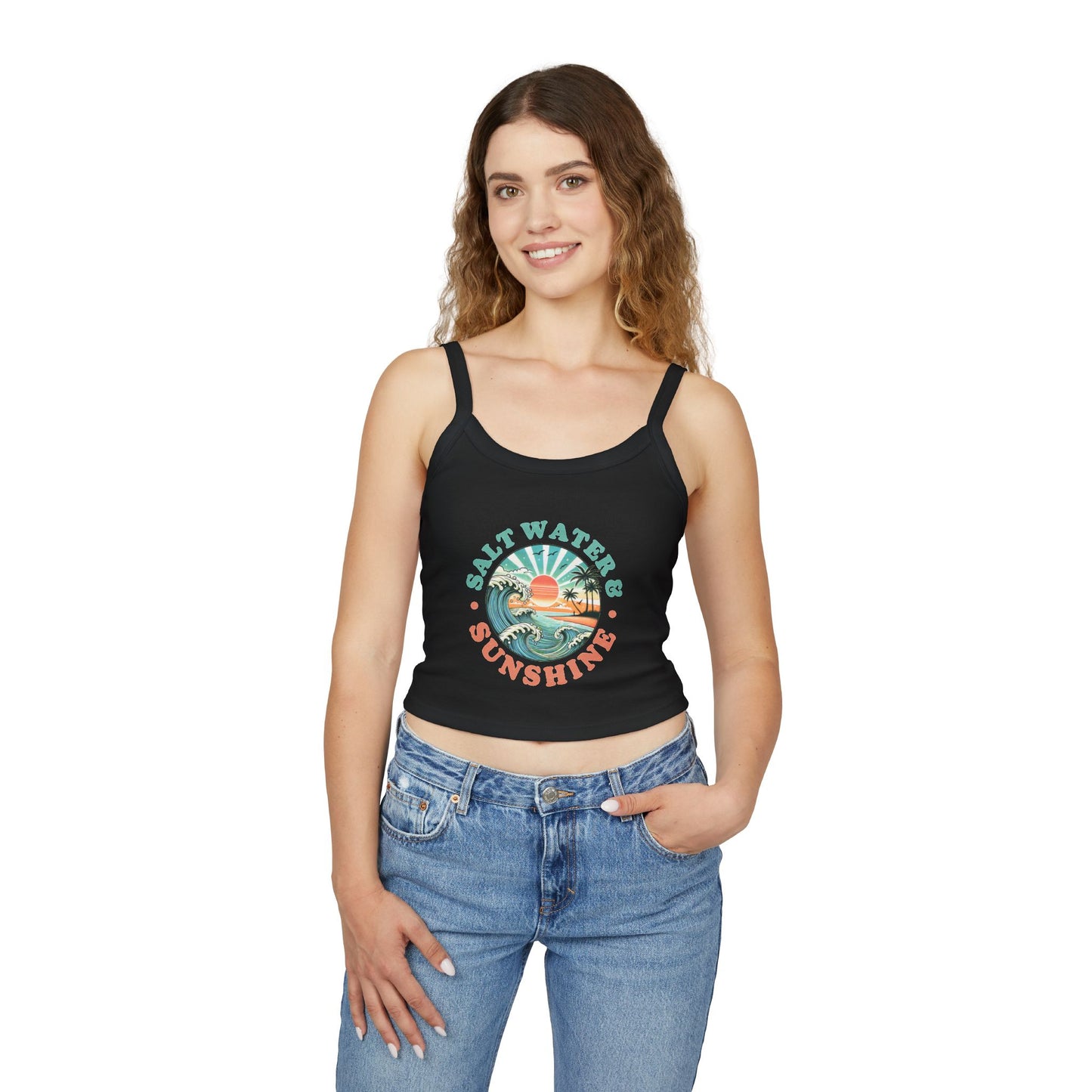Women's Spaghetti Strap Tank Top - Salt Water & Sunshine Graphic, Summer Beachwear, Vacation Outfit, Casual Wear, Gift for Her - To Be Designs