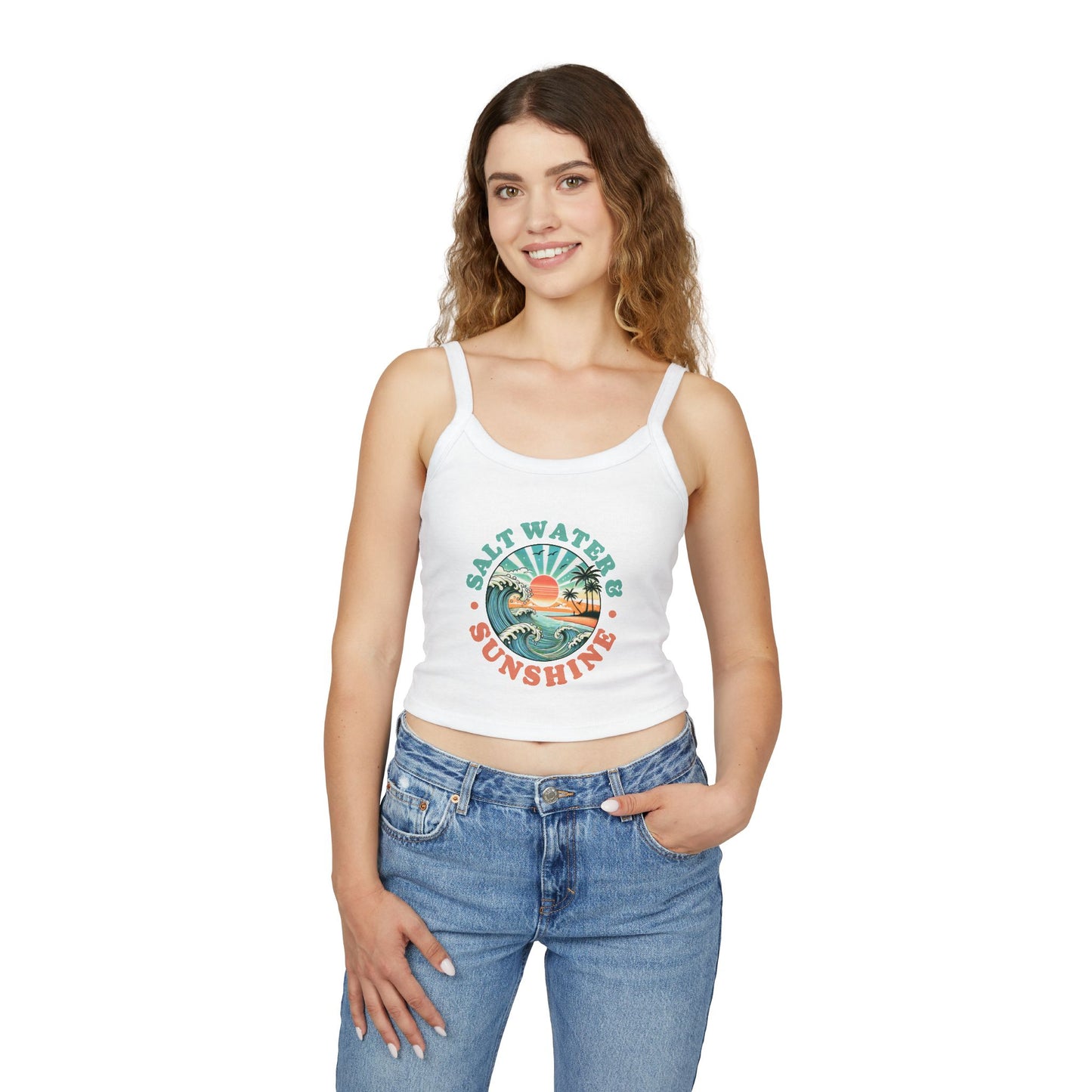 Women's Spaghetti Strap Tank Top - Salt Water & Sunshine Graphic, Summer Beachwear, Vacation Outfit, Casual Wear, Gift for Her - To Be Designs