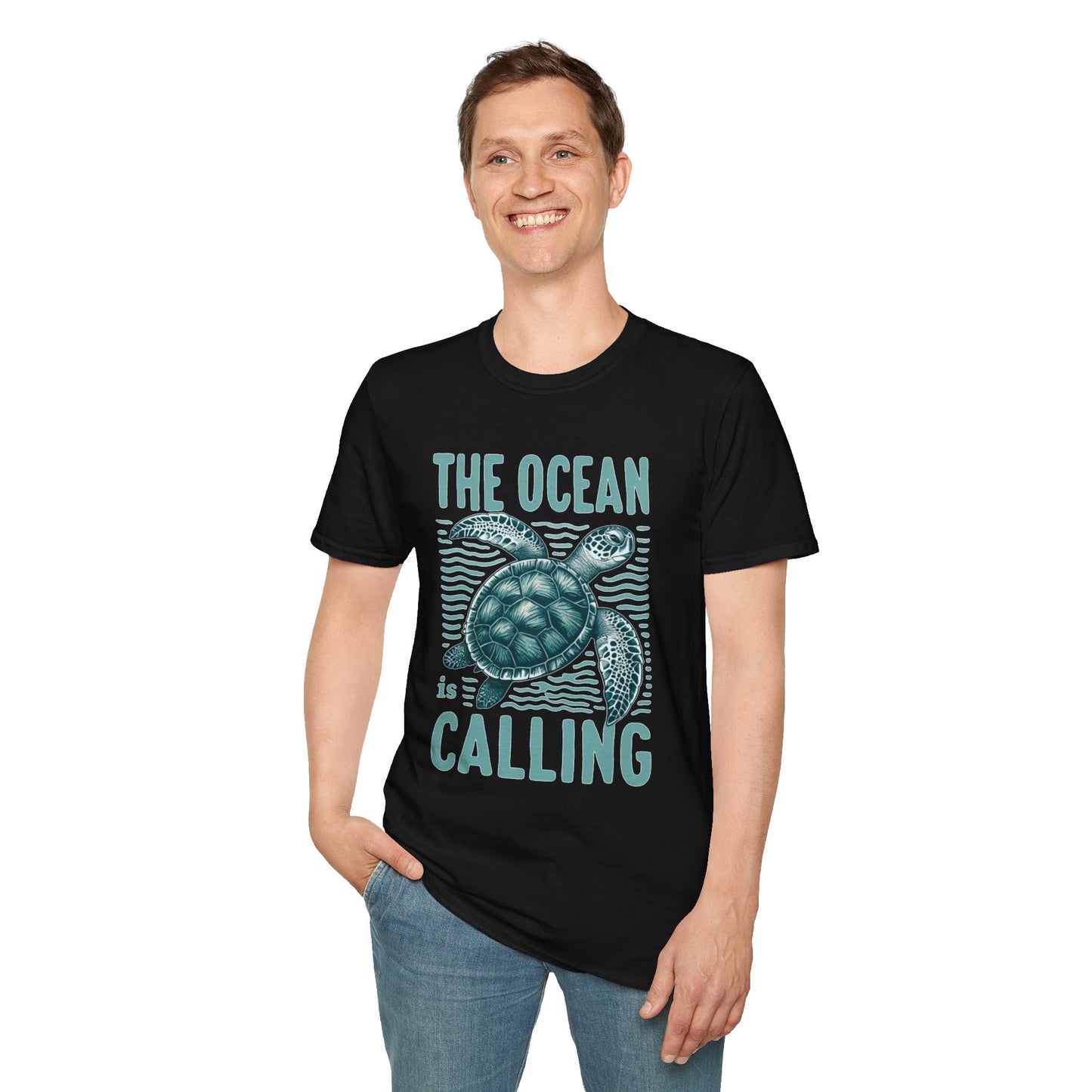 Ocean Calling Unisex Softstyle T-Shirt, Sea Turtle Tee, Beach Lover Shirt, Gift for Ocean Enthusiasts, Summer Clothing - To Be Designs