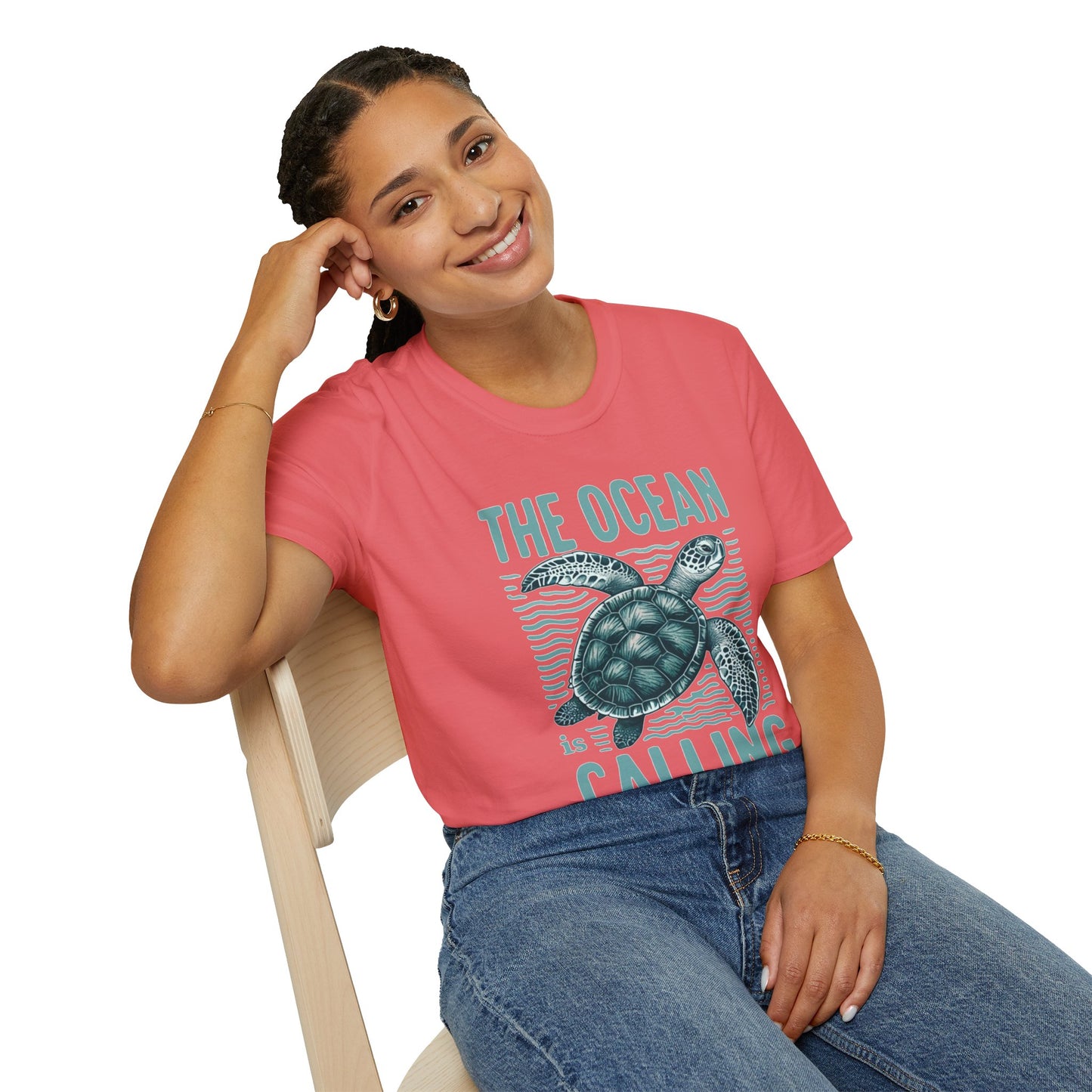 Ocean Calling Unisex Softstyle T-Shirt, Sea Turtle Tee, Beach Lover Shirt, Gift for Ocean Enthusiasts, Summer Clothing - To Be Designs