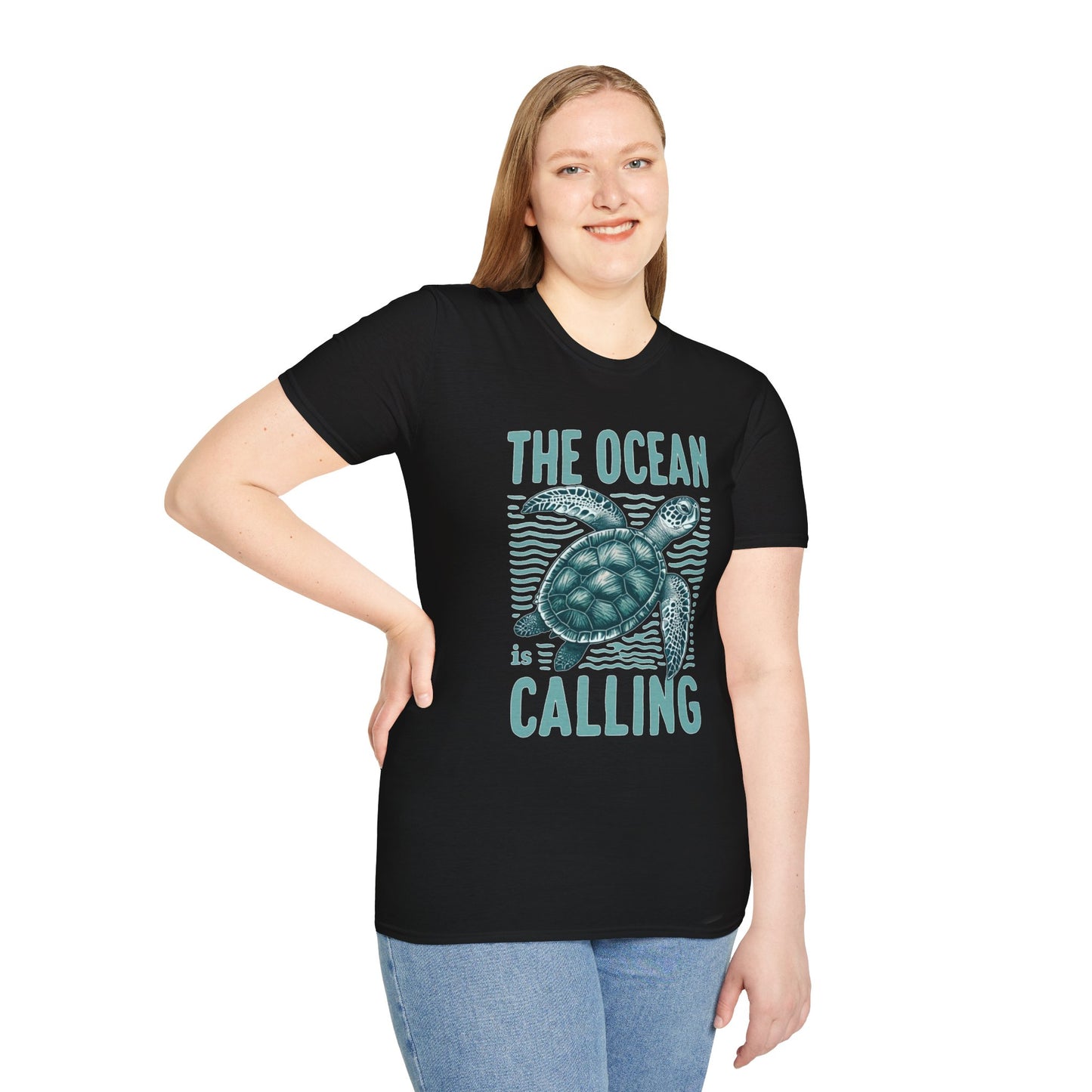 Ocean Calling Unisex Softstyle T-Shirt, Sea Turtle Tee, Beach Lover Shirt, Gift for Ocean Enthusiasts, Summer Clothing - To Be Designs