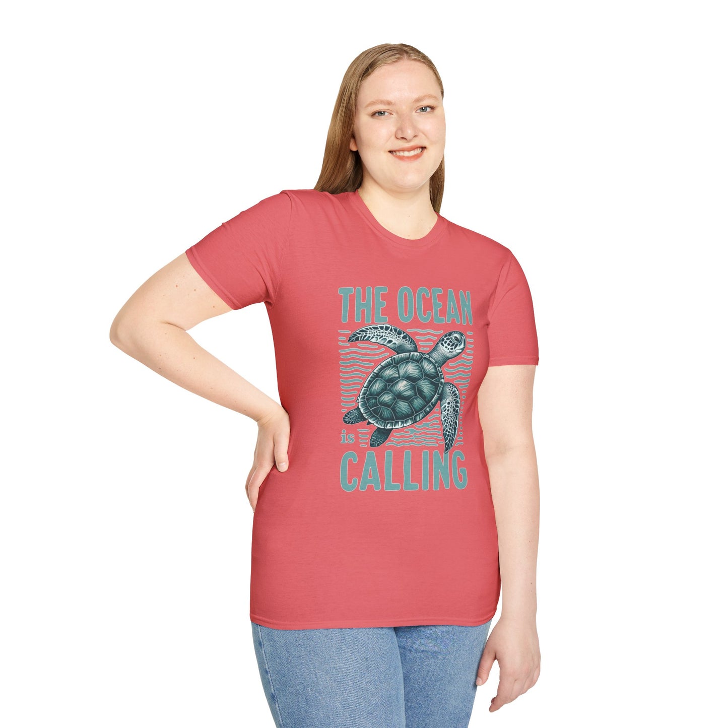 Ocean Calling Unisex Softstyle T-Shirt, Sea Turtle Tee, Beach Lover Shirt, Gift for Ocean Enthusiasts, Summer Clothing - To Be Designs