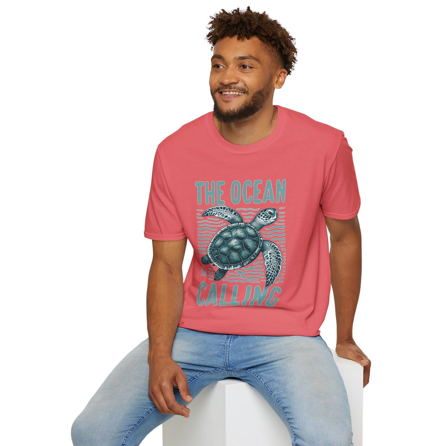 Ocean Calling Unisex Softstyle T-Shirt, Sea Turtle Tee, Beach Lover Shirt, Gift for Ocean Enthusiasts, Summer Clothing - To Be Designs