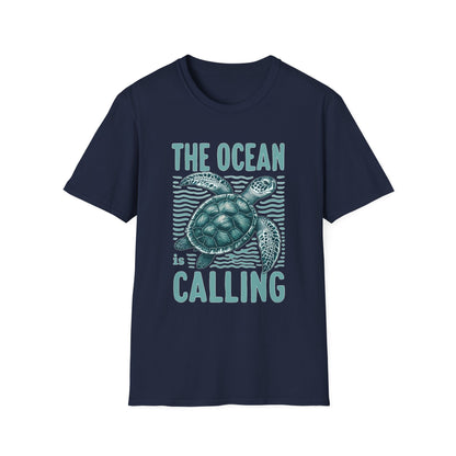 Ocean Calling Unisex Softstyle T-Shirt, Sea Turtle Tee, Beach Lover Shirt, Gift for Ocean Enthusiasts, Summer Clothing - To Be Designs