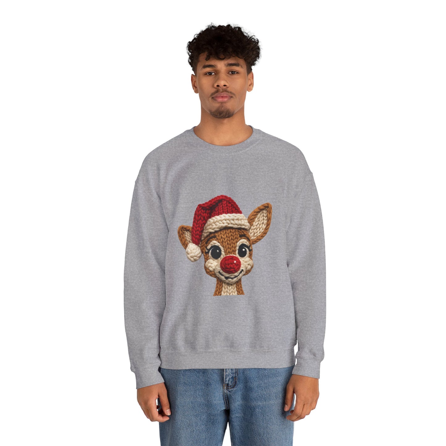 Christmas Crochet Reindeer Crewneck Sweatshirt – Cute Rudolph Face with Santa Hat