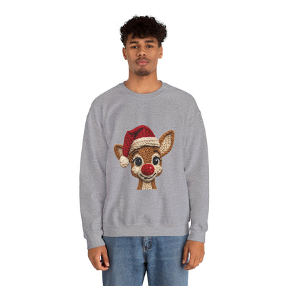 Christmas Crochet Reindeer Crewneck Sweatshirt – Cute Rudolph Face with Santa Hat