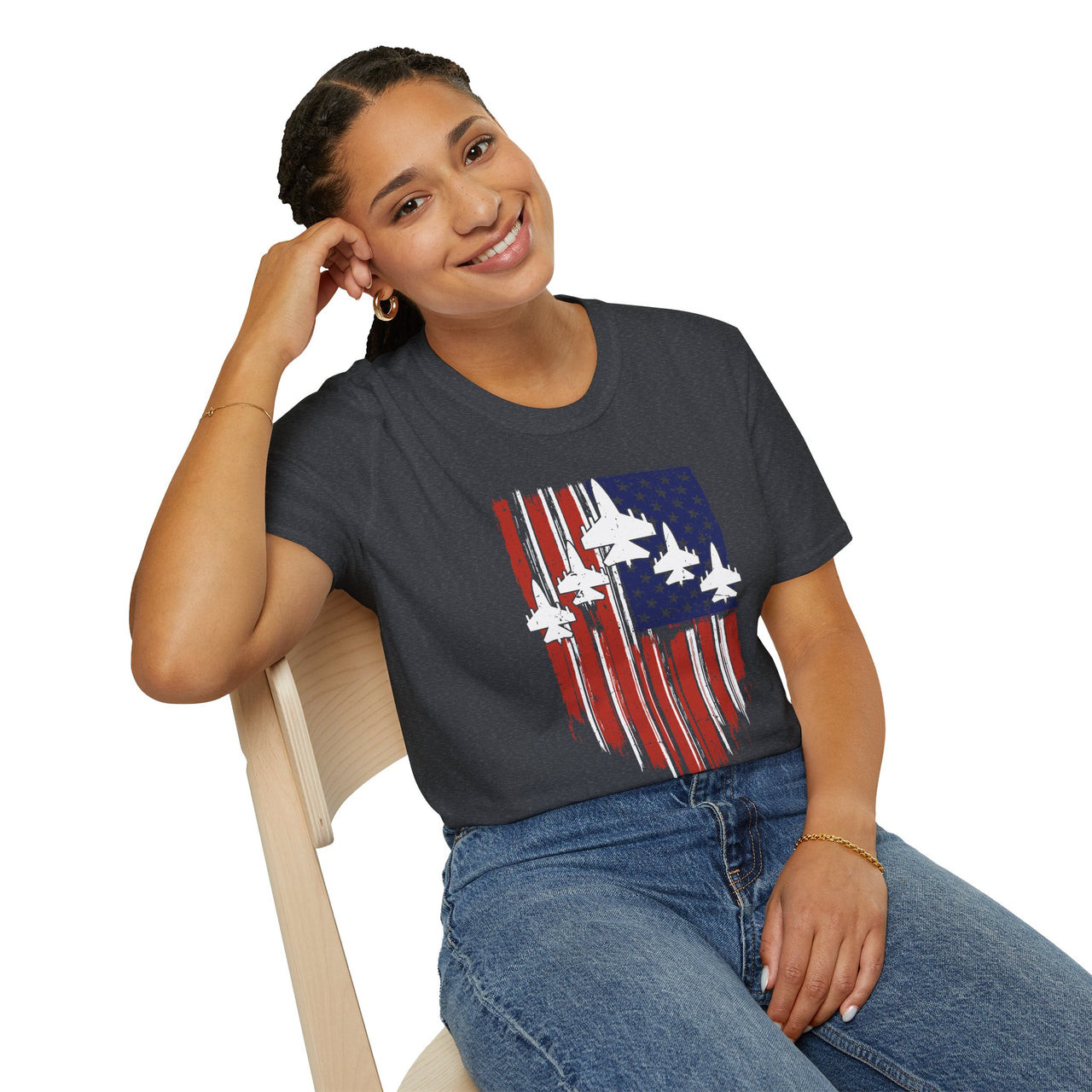 Unisex T-Shirt Jet Flag USA Military Patriotic Shield 4th of July