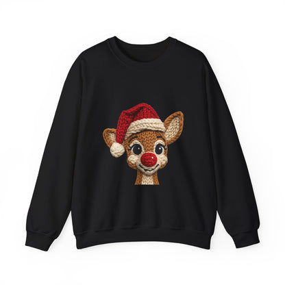 Christmas Crochet Reindeer Crewneck Sweatshirt – Cute Rudolph Face with Santa Hat