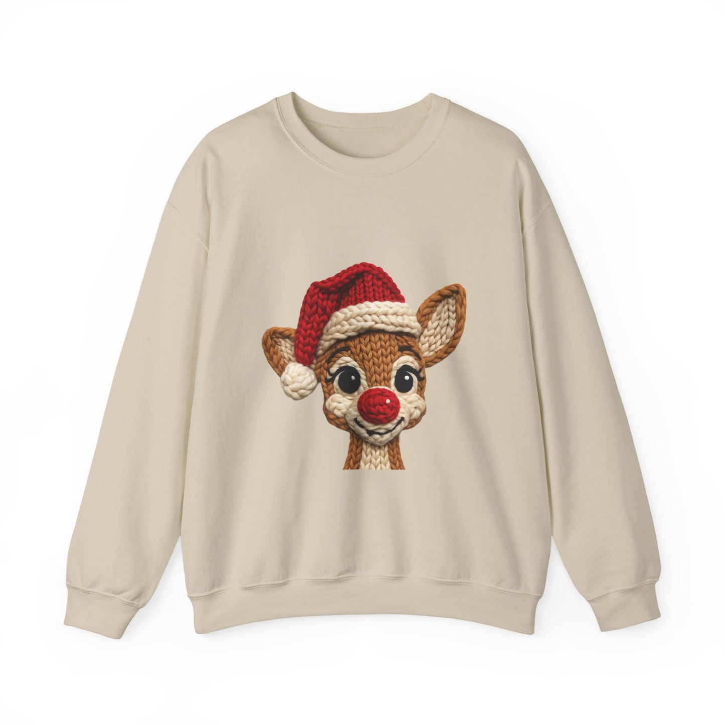 Christmas Crochet Reindeer Crewneck Sweatshirt – Cute Rudolph Face with Santa Hat