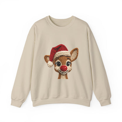 Christmas Crochet Reindeer Crewneck Sweatshirt – Cute Rudolph Face with Santa Hat