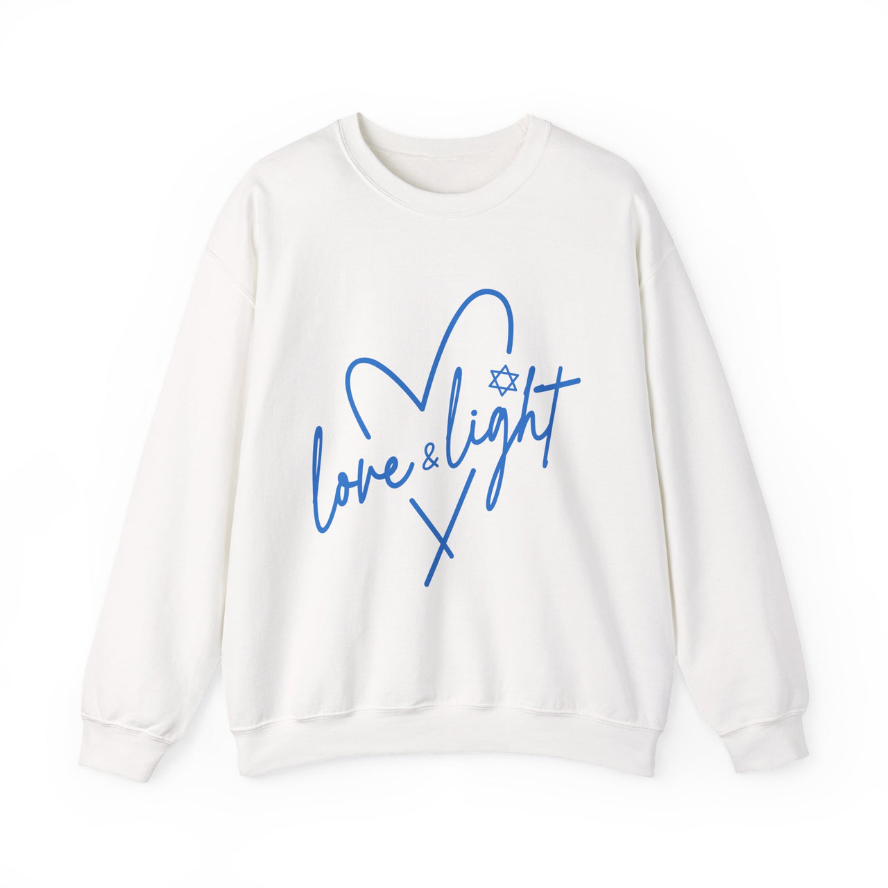 Crewneck Sweatshirt — “Love & Light” Blue Script Heart Design
