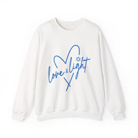 Crewneck Sweatshirt — “Love & Light” Blue Script Heart Design