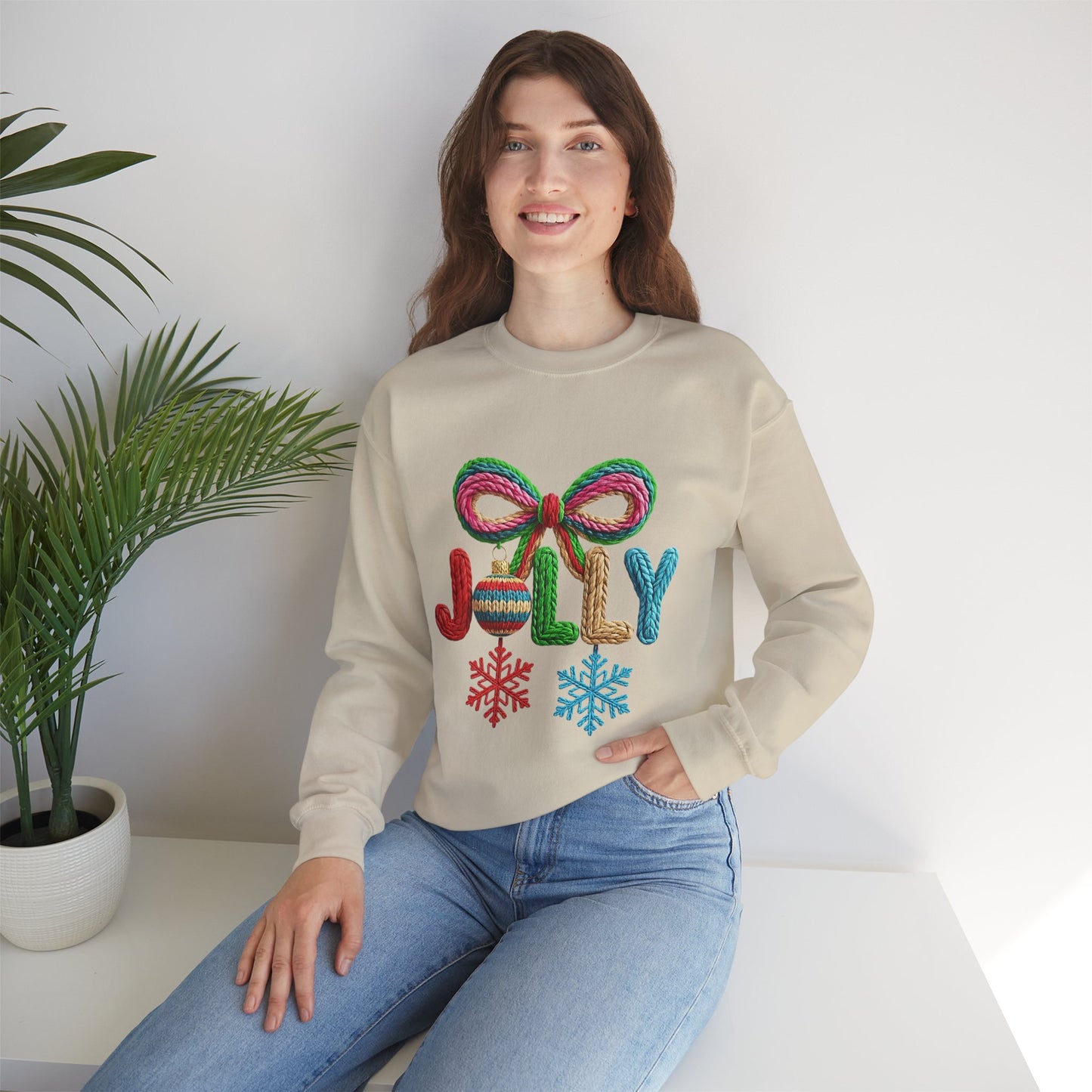Jolly Holiday Crewneck Sweatshirt — Colorful Knit Ornament & Snowflake Christmas Sweatshirt