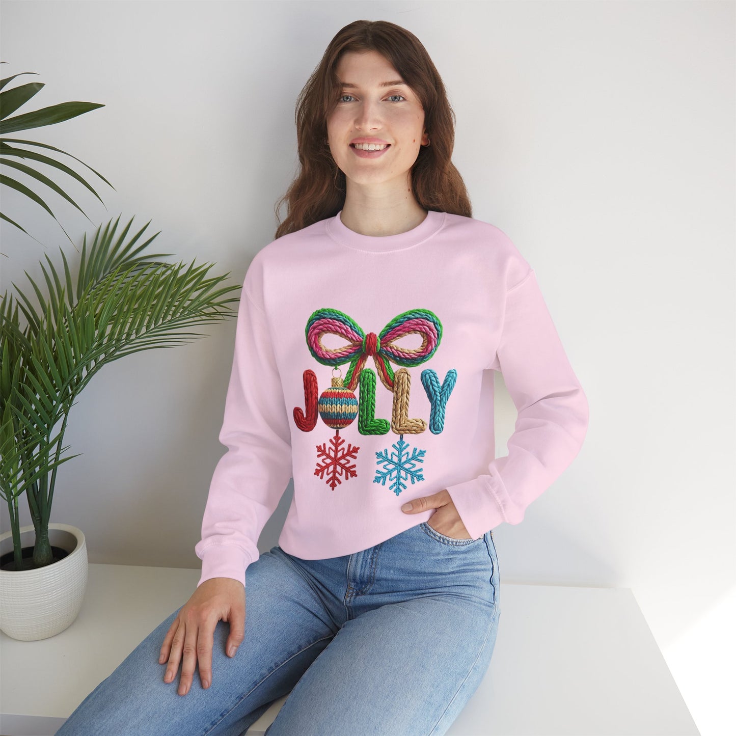 Jolly Holiday Crewneck Sweatshirt — Colorful Knit Ornament & Snowflake Christmas Sweatshirt