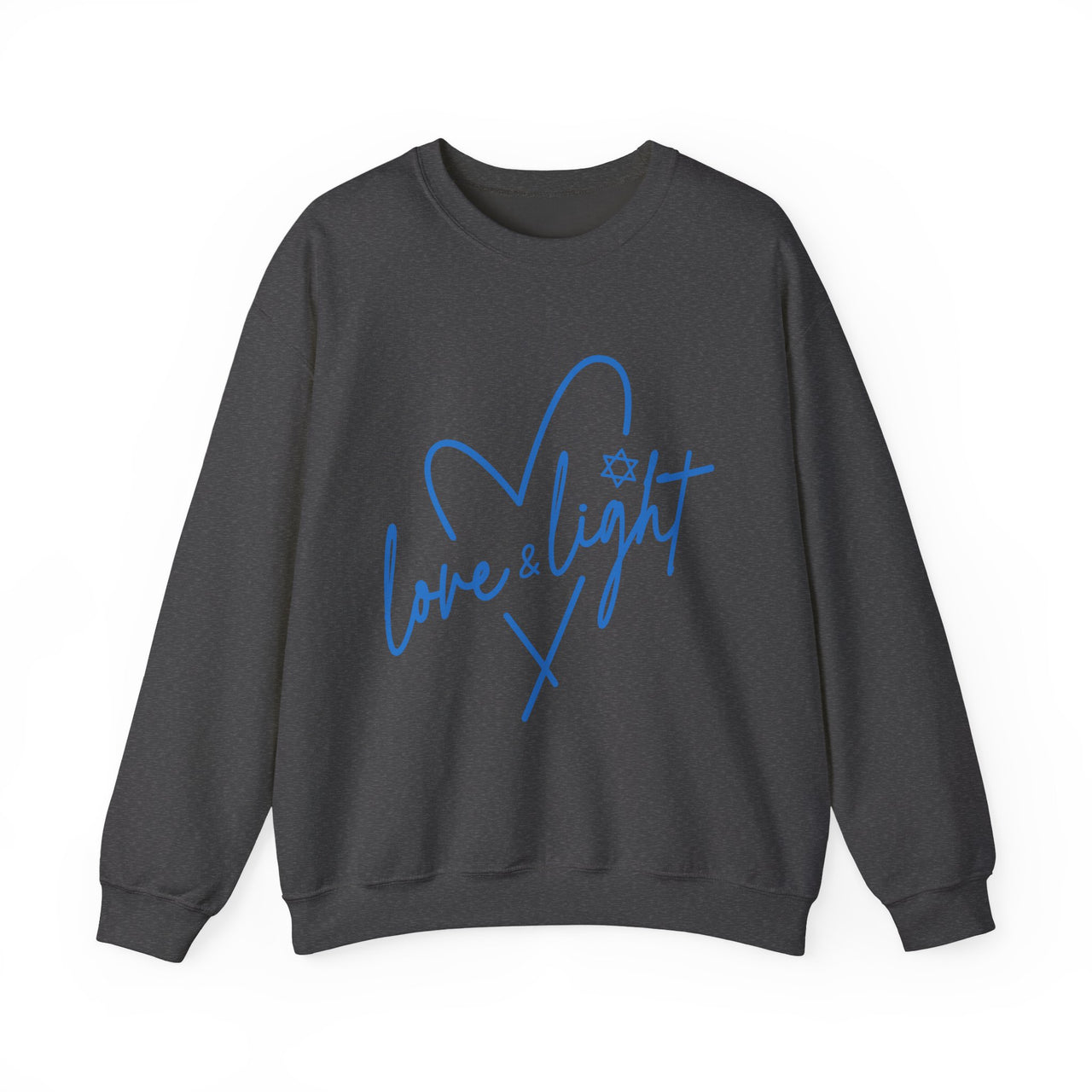 Crewneck Sweatshirt — “Love & Light” Blue Script Heart Design