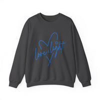Crewneck Sweatshirt — “Love & Light” Blue Script Heart Design