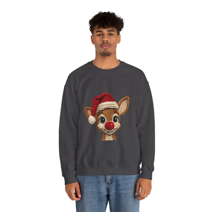 Christmas Crochet Reindeer Crewneck Sweatshirt – Cute Rudolph Face with Santa Hat