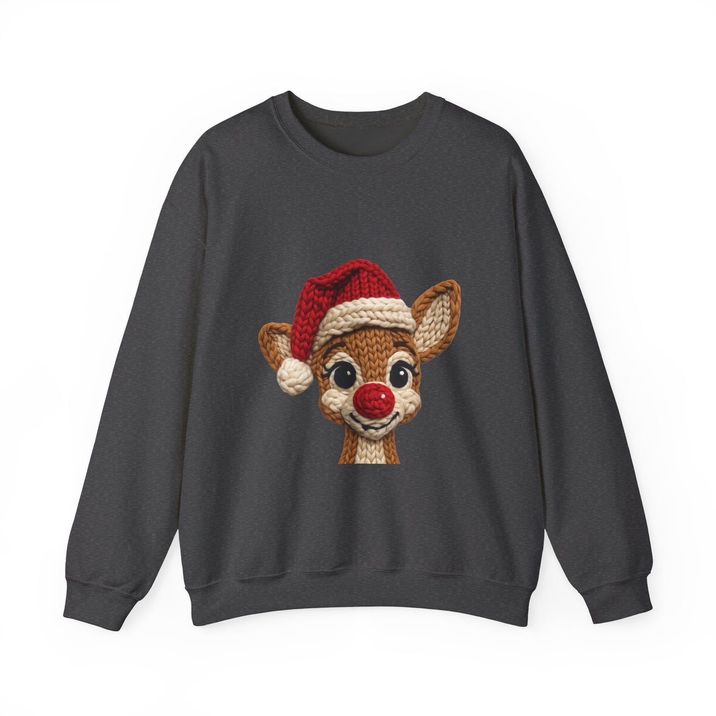 Christmas Crochet Reindeer Crewneck Sweatshirt – Cute Rudolph Face with Santa Hat