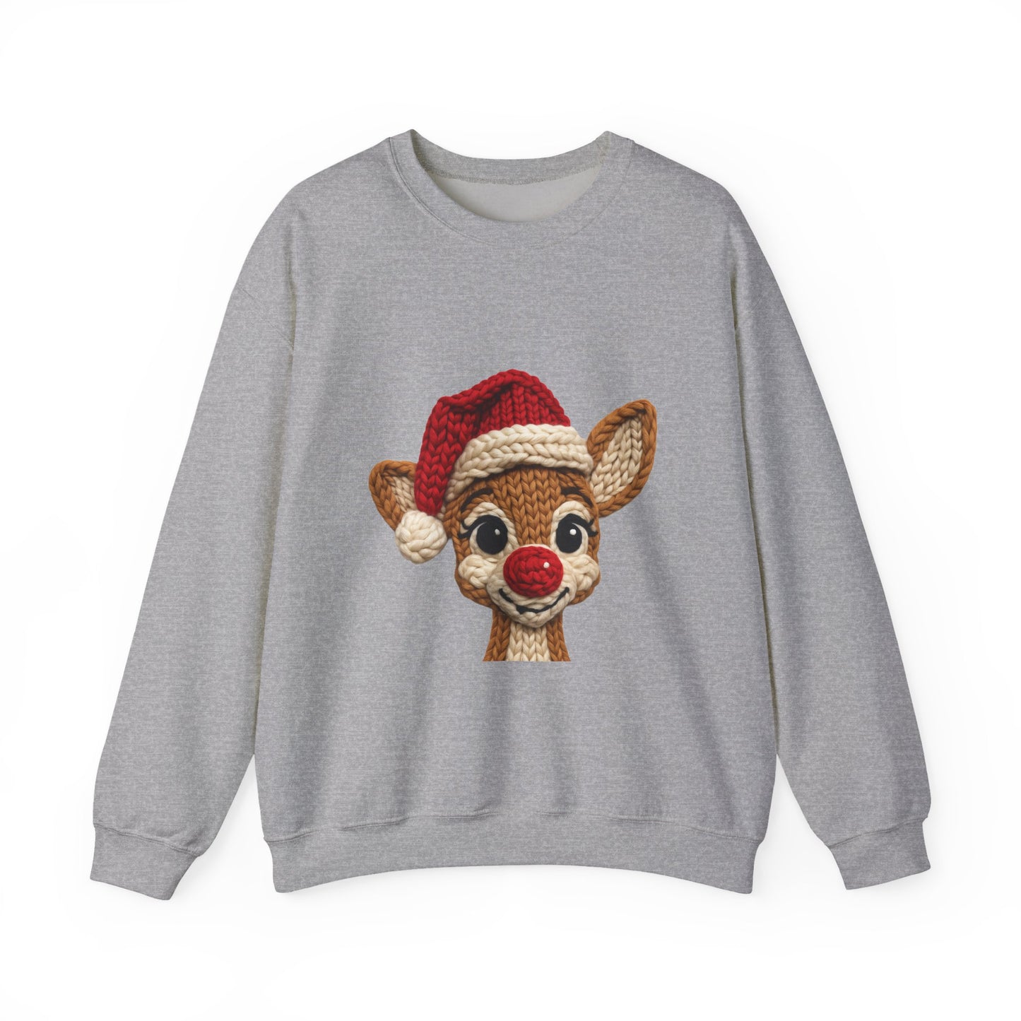 Christmas Crochet Reindeer Crewneck Sweatshirt – Cute Rudolph Face with Santa Hat