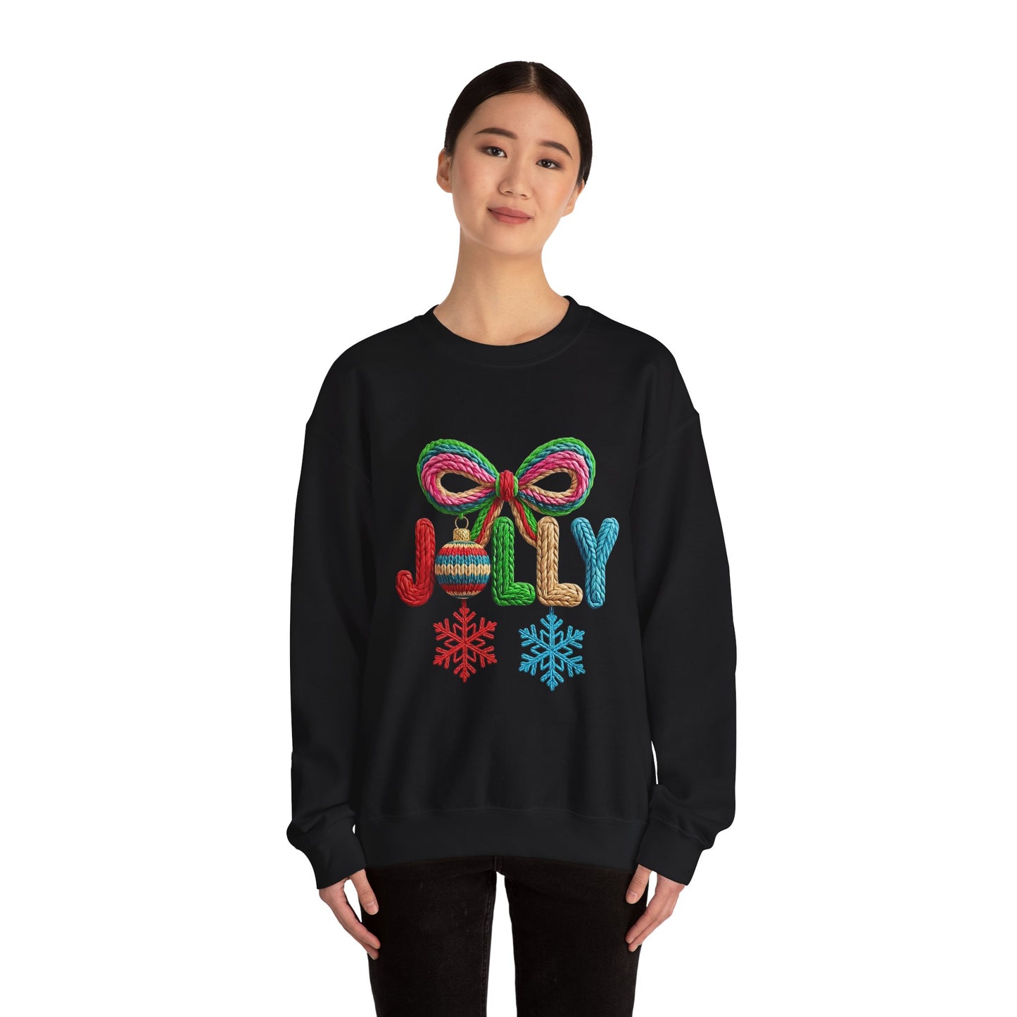 Jolly Holiday Crewneck Sweatshirt — Colorful Knit Ornament & Snowflake Christmas Sweatshirt