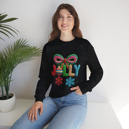 Jolly Holiday Crewneck Sweatshirt — Colorful Knit Ornament & Snowflake Christmas Sweatshirt