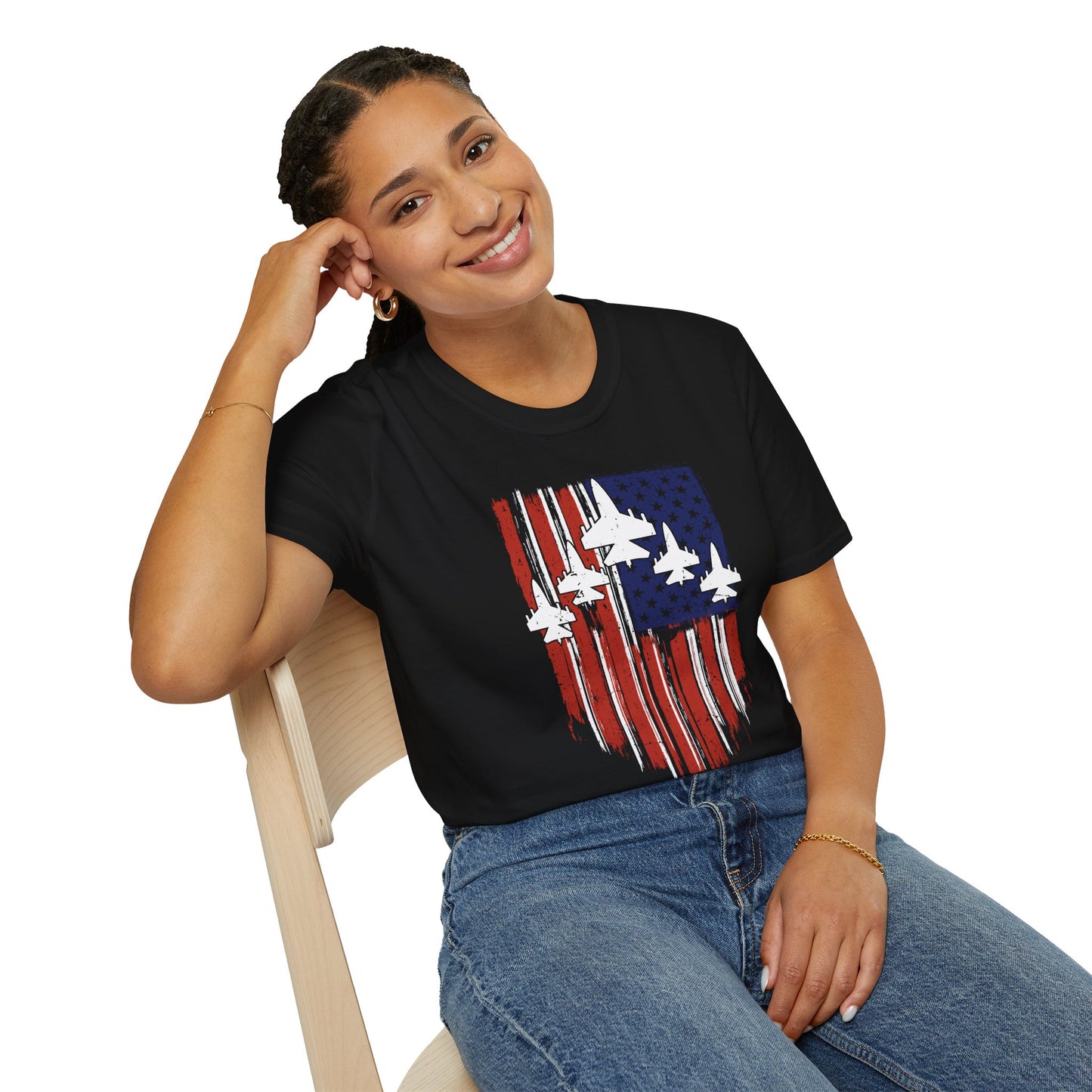 Unisex T-Shirt Jet Flag USA Military Patriotic Shield 4th of July