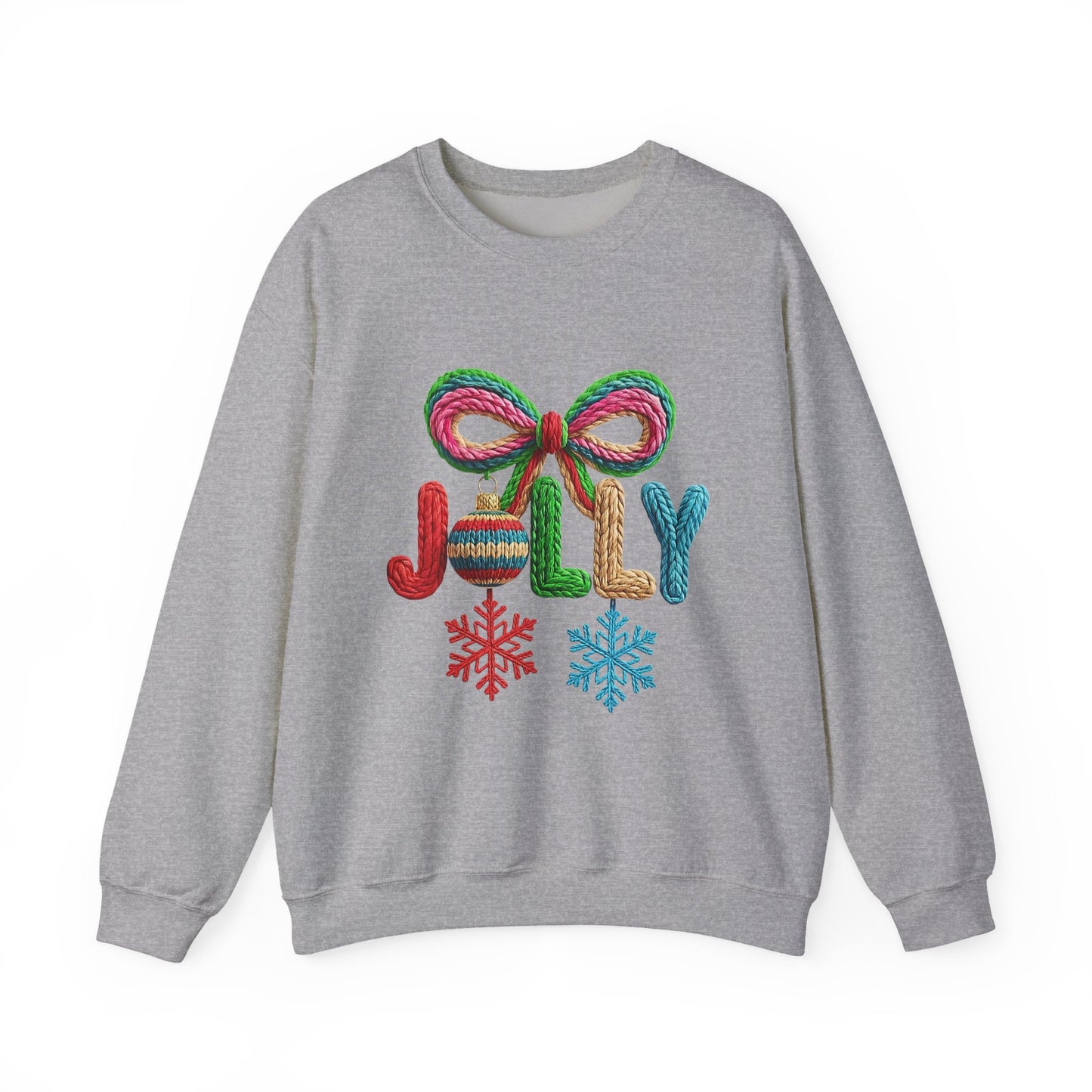 Jolly Holiday Crewneck Sweatshirt — Colorful Knit Ornament & Snowflake Christmas Sweatshirt
