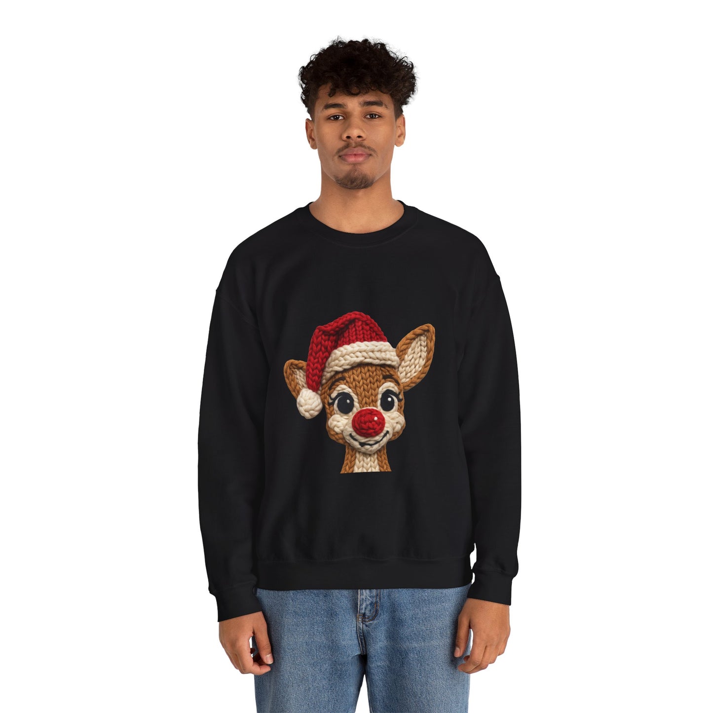 Christmas Crochet Reindeer Crewneck Sweatshirt – Cute Rudolph Face with Santa Hat