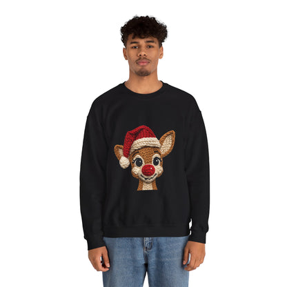 Christmas Crochet Reindeer Crewneck Sweatshirt – Cute Rudolph Face with Santa Hat