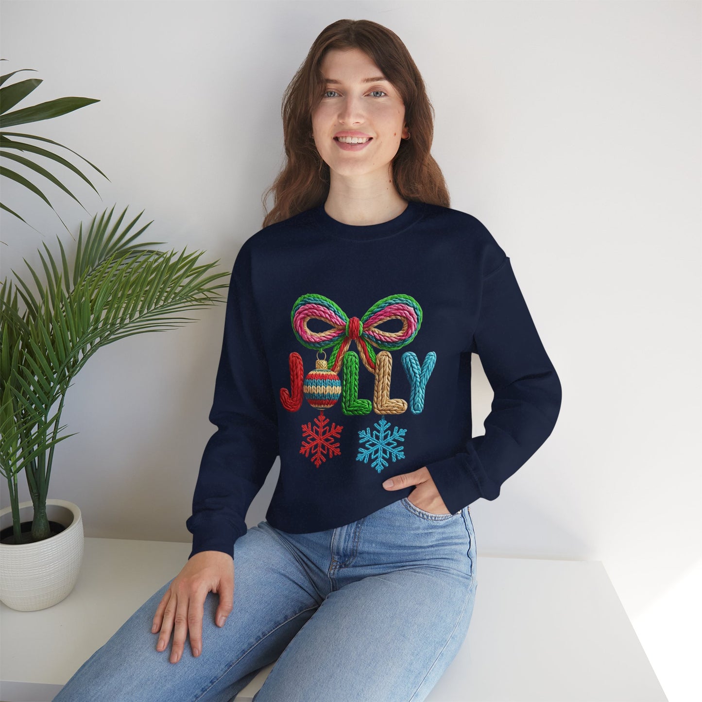Jolly Holiday Crewneck Sweatshirt — Colorful Knit Ornament & Snowflake Christmas Sweatshirt