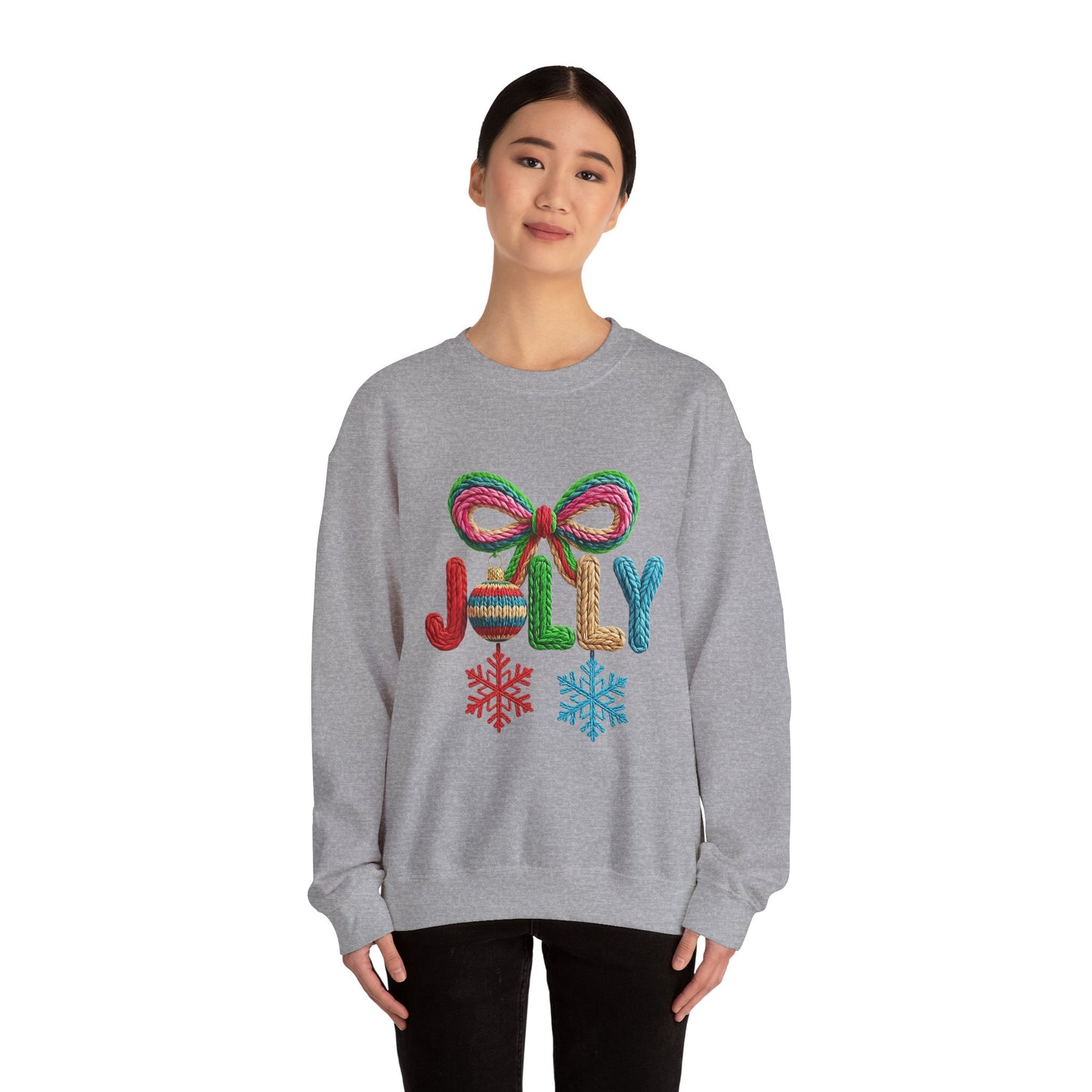 Jolly Holiday Crewneck Sweatshirt — Colorful Knit Ornament & Snowflake Christmas Sweatshirt