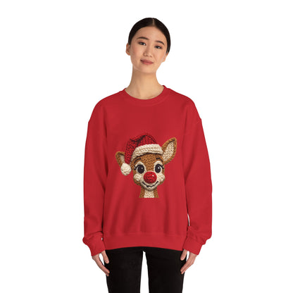 Christmas Crochet Reindeer Crewneck Sweatshirt – Cute Rudolph Face with Santa Hat