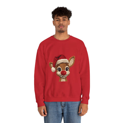 Christmas Crochet Reindeer Crewneck Sweatshirt – Cute Rudolph Face with Santa Hat