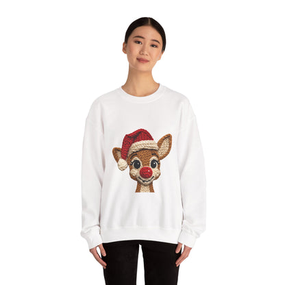 Christmas Crochet Reindeer Crewneck Sweatshirt – Cute Rudolph Face with Santa Hat
