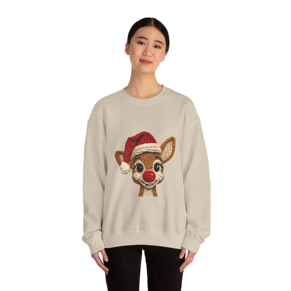 Christmas Crochet Reindeer Crewneck Sweatshirt – Cute Rudolph Face with Santa Hat