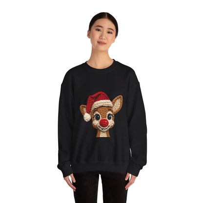 Christmas Crochet Reindeer Crewneck Sweatshirt – Cute Rudolph Face with Santa Hat