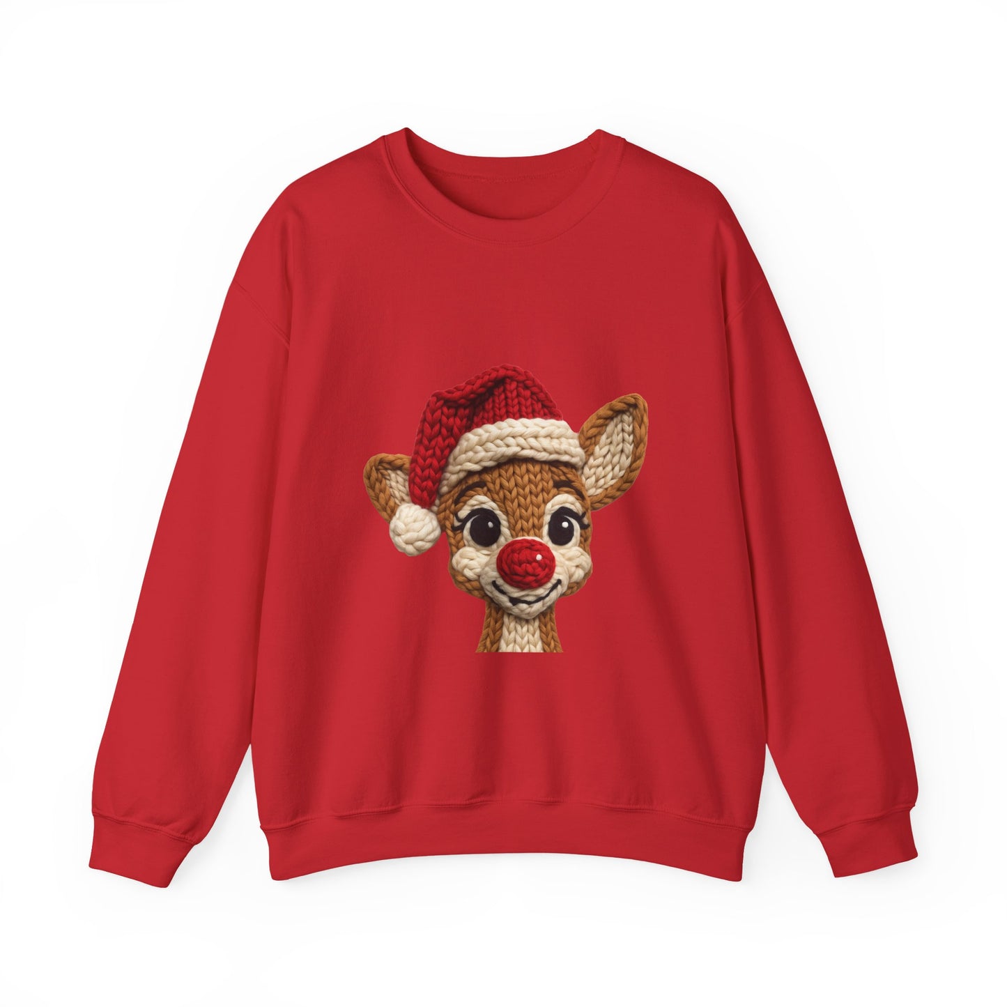 Christmas Crochet Reindeer Crewneck Sweatshirt – Cute Rudolph Face with Santa Hat
