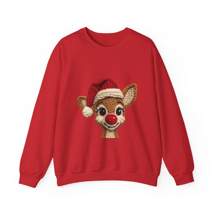 Christmas Crochet Reindeer Crewneck Sweatshirt – Cute Rudolph Face with Santa Hat