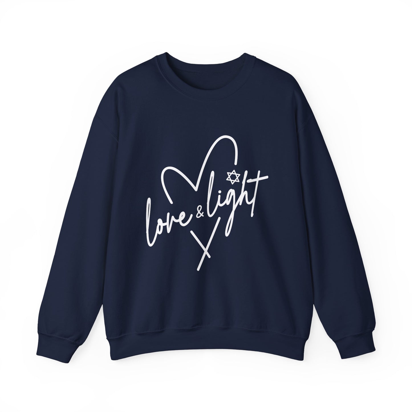 Crewneck Sweatshirt — “Love & Light” Blue Script Heart Design