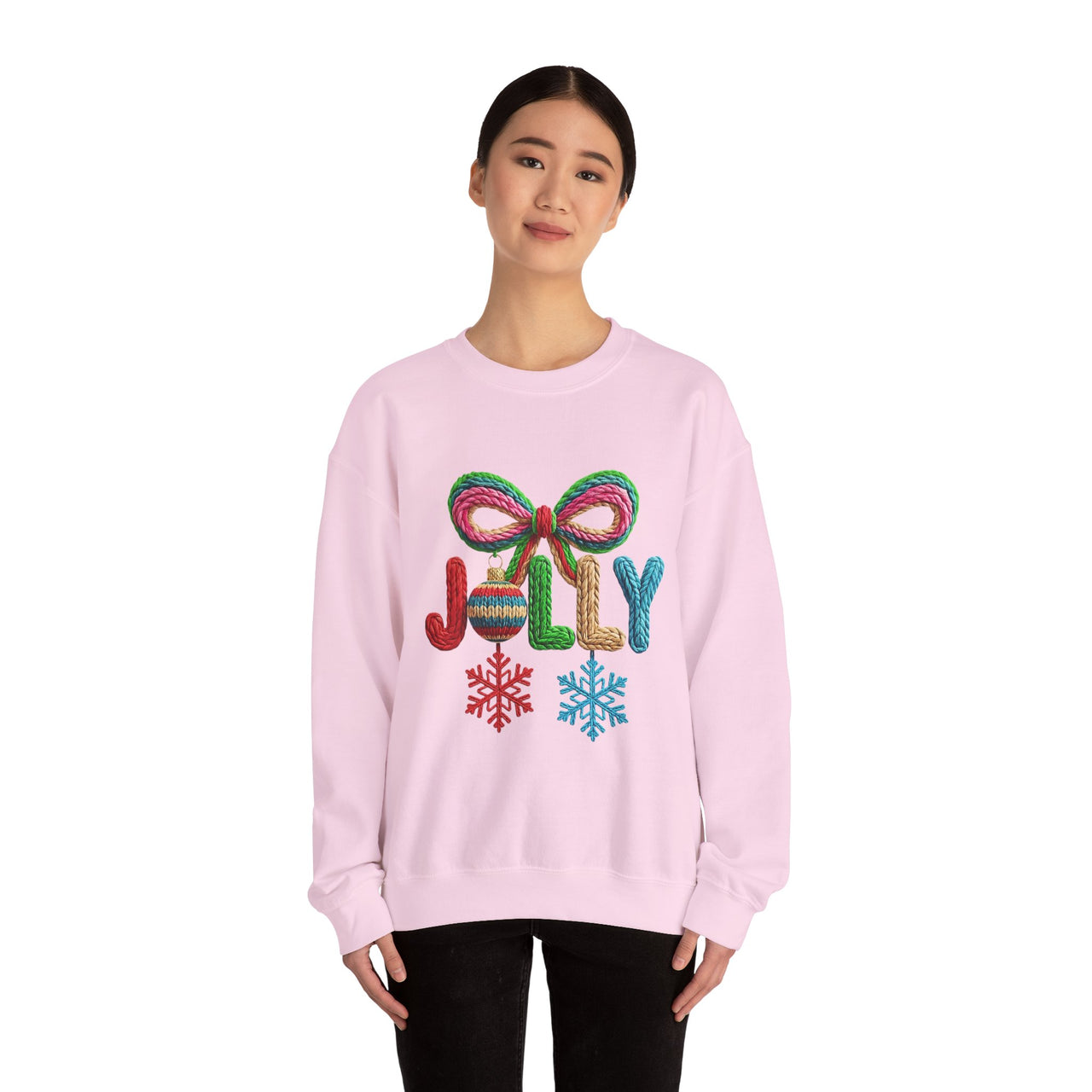 Jolly Holiday Crewneck Sweatshirt — Colorful Knit Ornament & Snowflake Christmas Sweatshirt