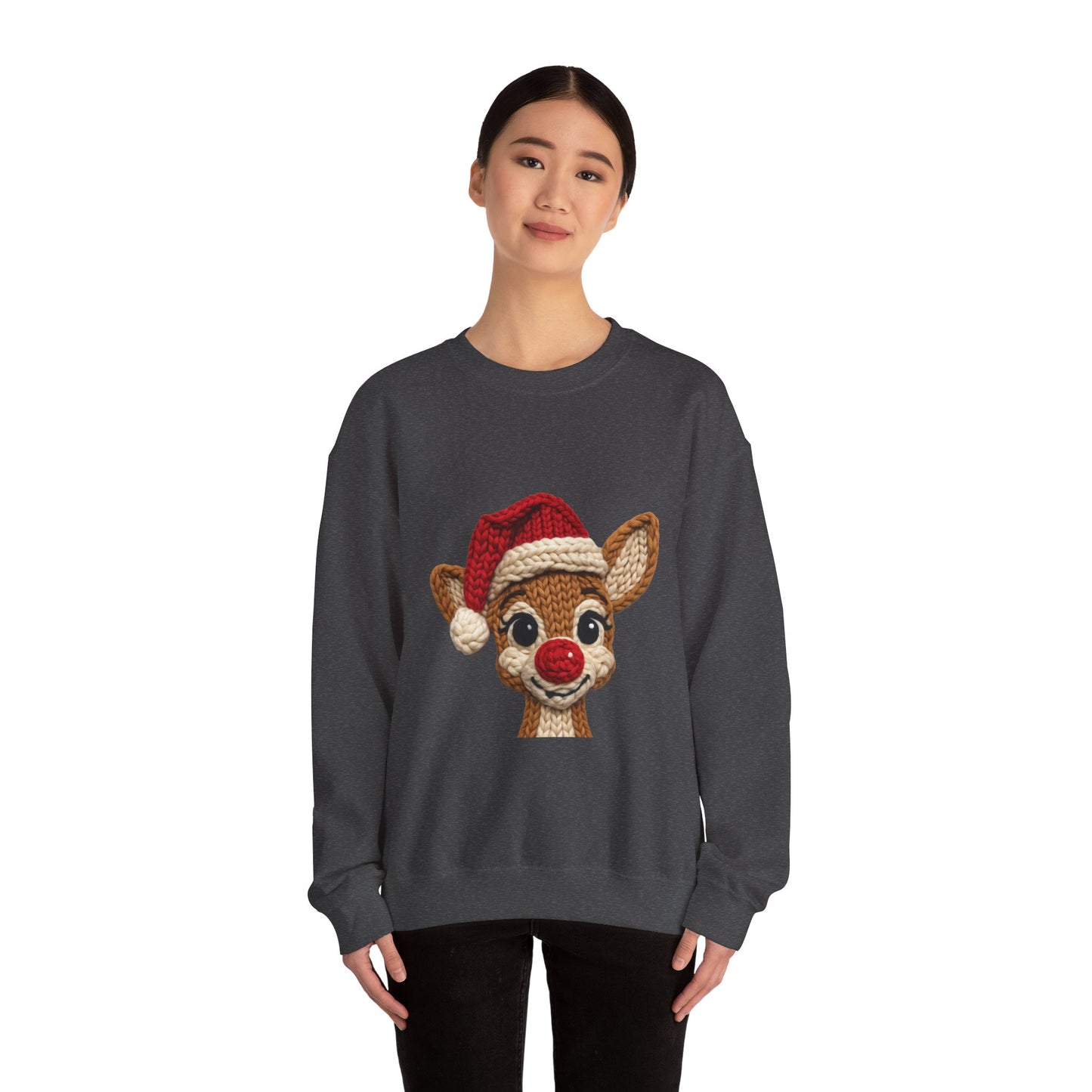 Christmas Crochet Reindeer Crewneck Sweatshirt – Cute Rudolph Face with Santa Hat