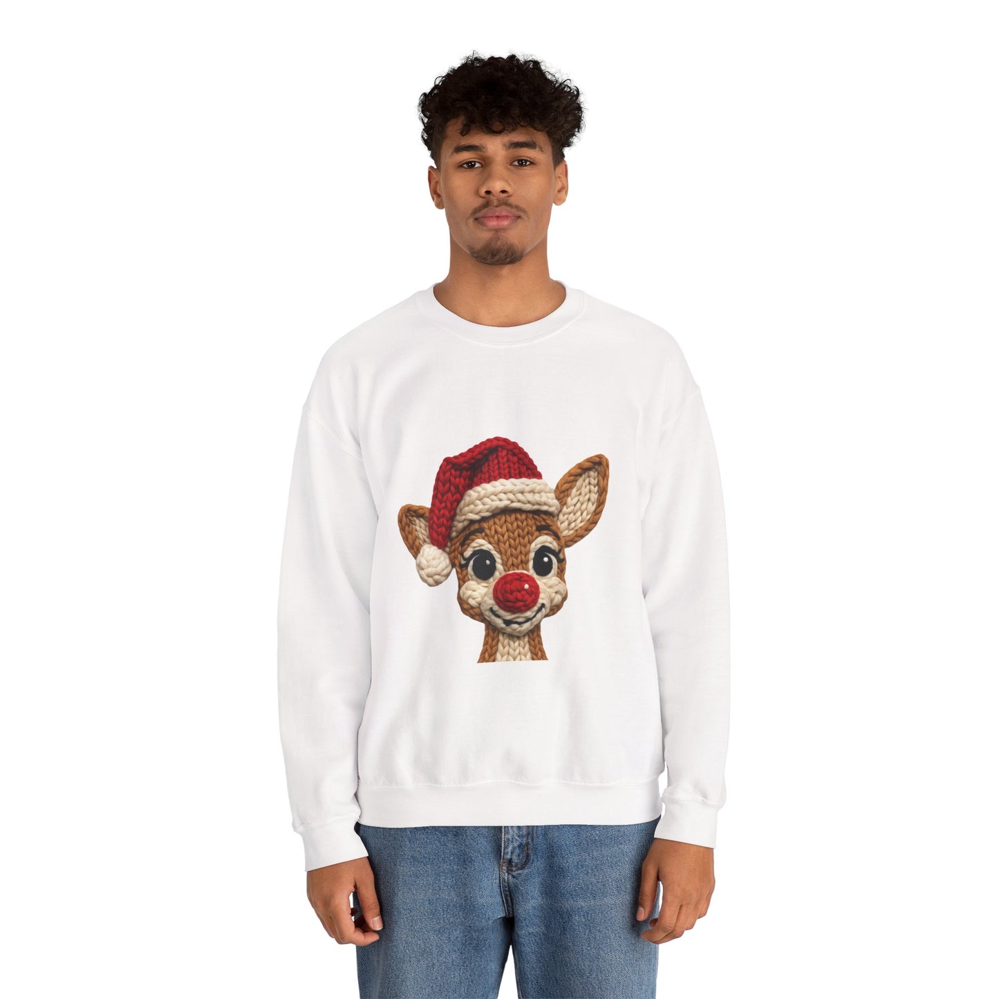 Christmas Crochet Reindeer Crewneck Sweatshirt – Cute Rudolph Face with Santa Hat